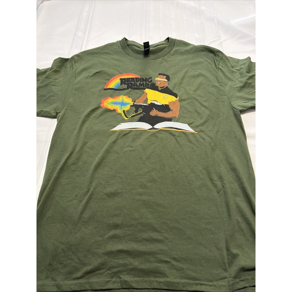 Gildan Reading Rambo Star Trek Geordi Mashup Graphic T-Shirt Olive Green Large